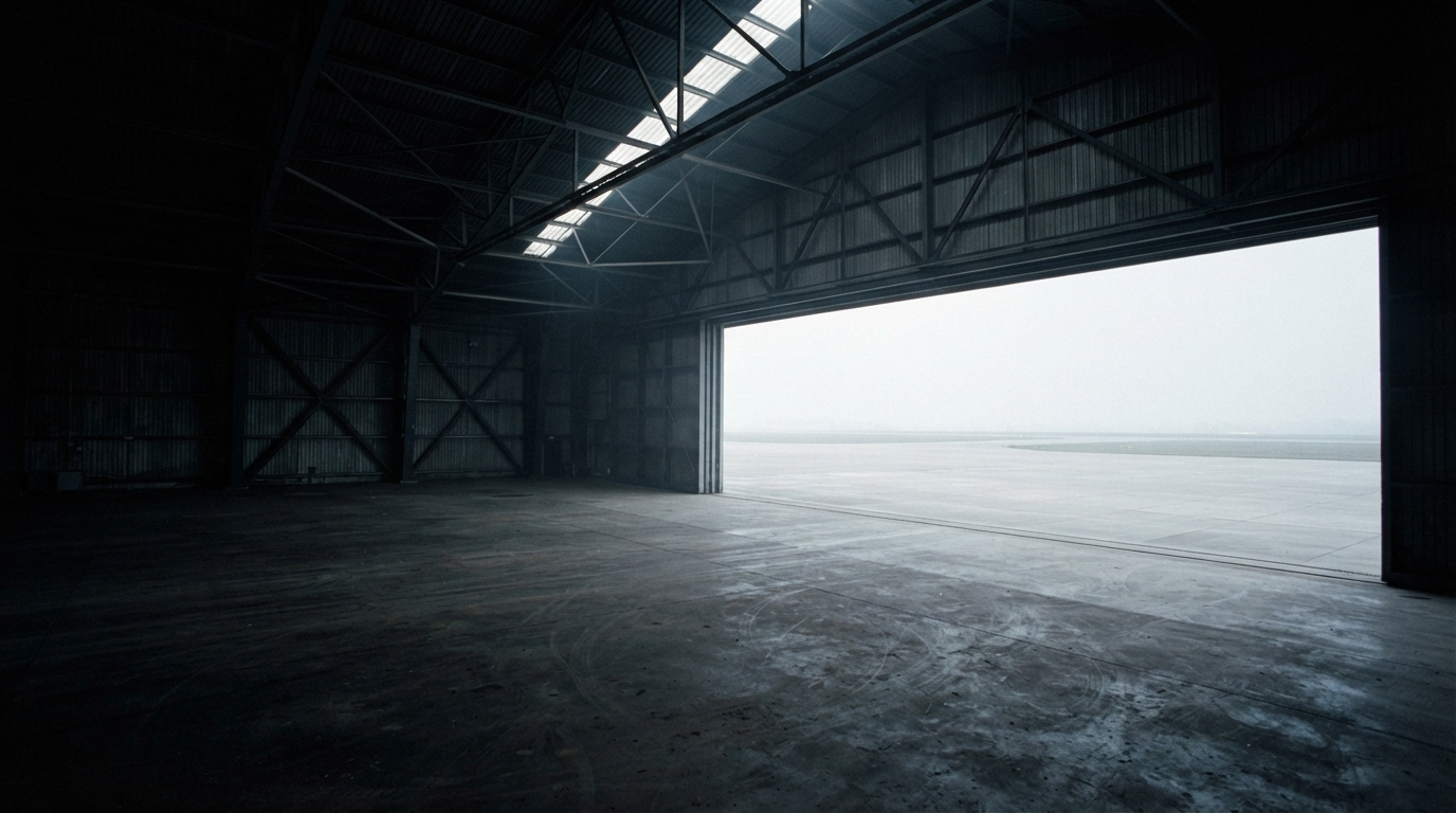 Empty dark industrial hangar with skylights and a large open doorway facing a hazy flat exterior.