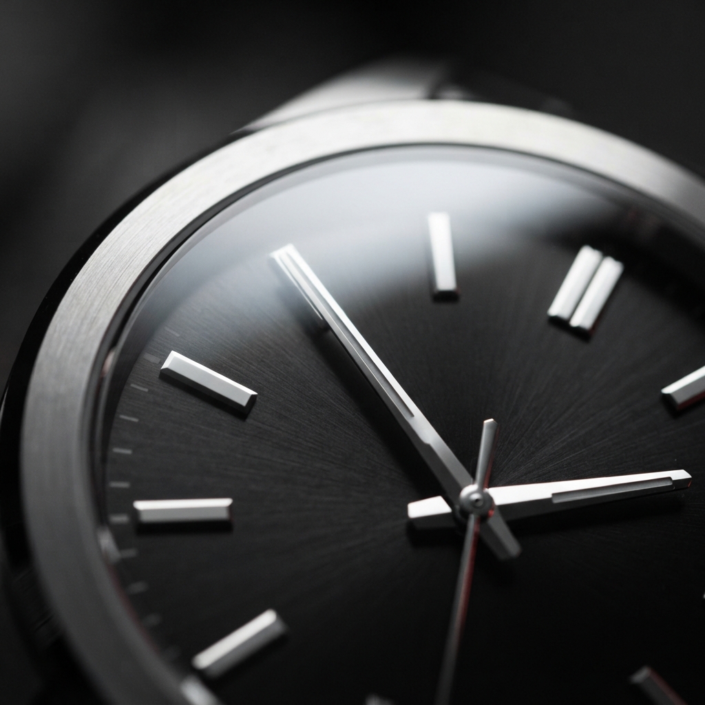 Close-up of a black-dial analog watch with silver markers, hands, bezel, and a thin red seconds hand.